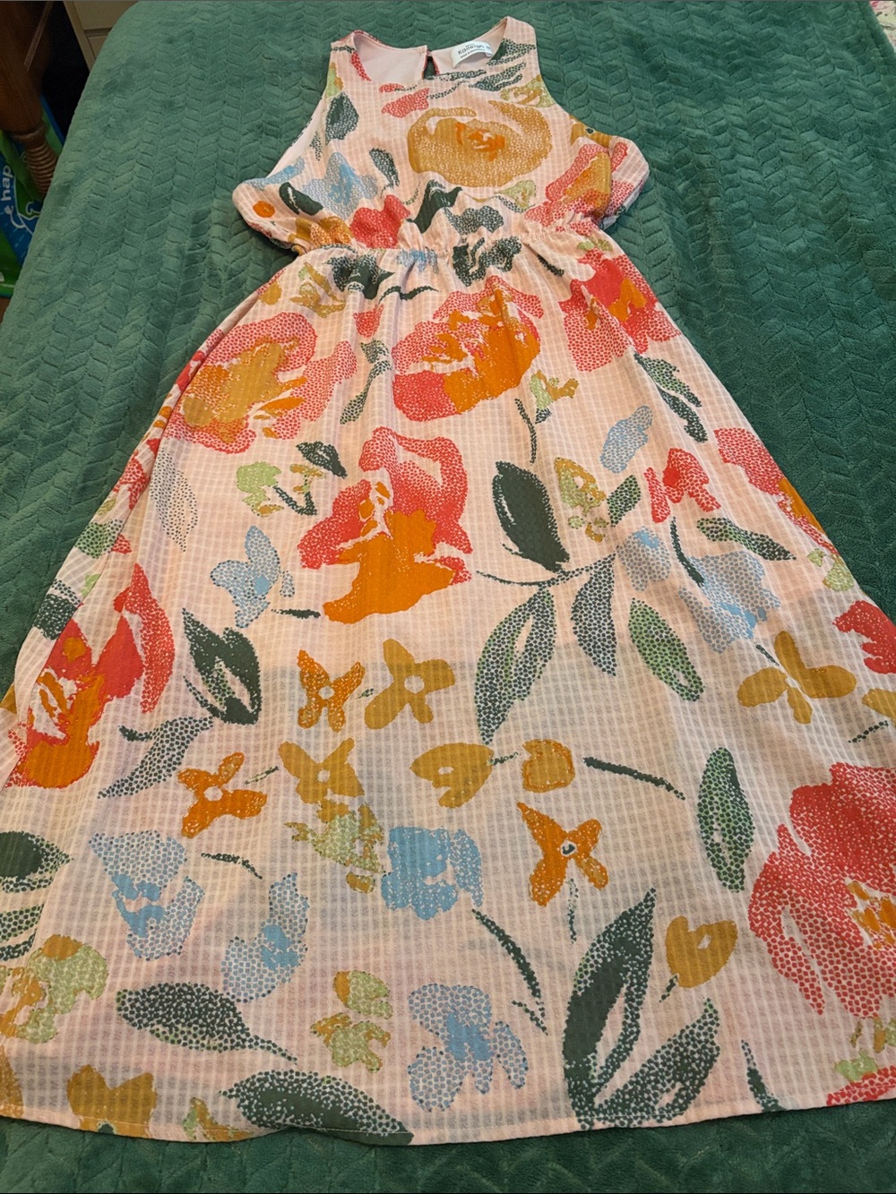 Kaileigh Floral Sleeveless Midi Dress Stretch Waist Keyhole Back Peach Green XLP